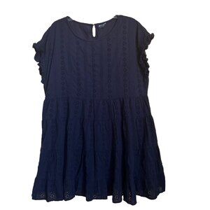 Arula Black Eyelet Women sz A 1X Cap Sleeve Mini Dress Pockets Tiered Lined EUC